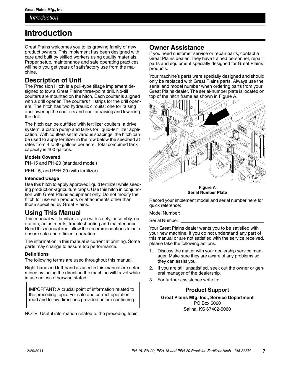 Introduction, Owner assistance, Description of unit | Using this manual | Great Plains PH-20 Operator Manual User Manual | Page 9 / 46