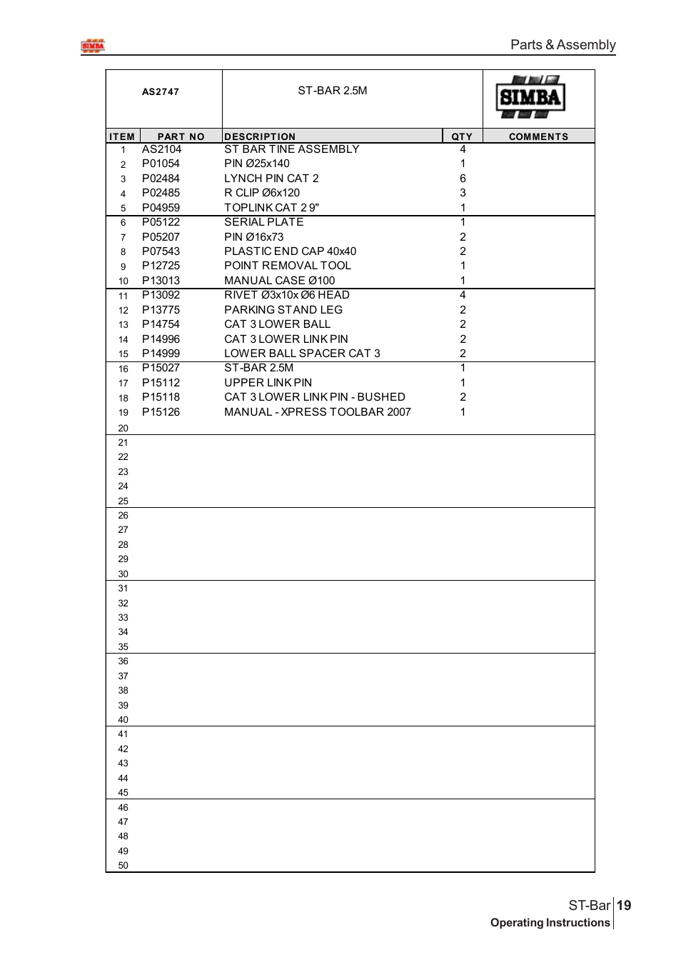 19 st-bar, Parts & assembly | Great Plains P15126 Serial No 12724 User Manual | Page 19 / 34