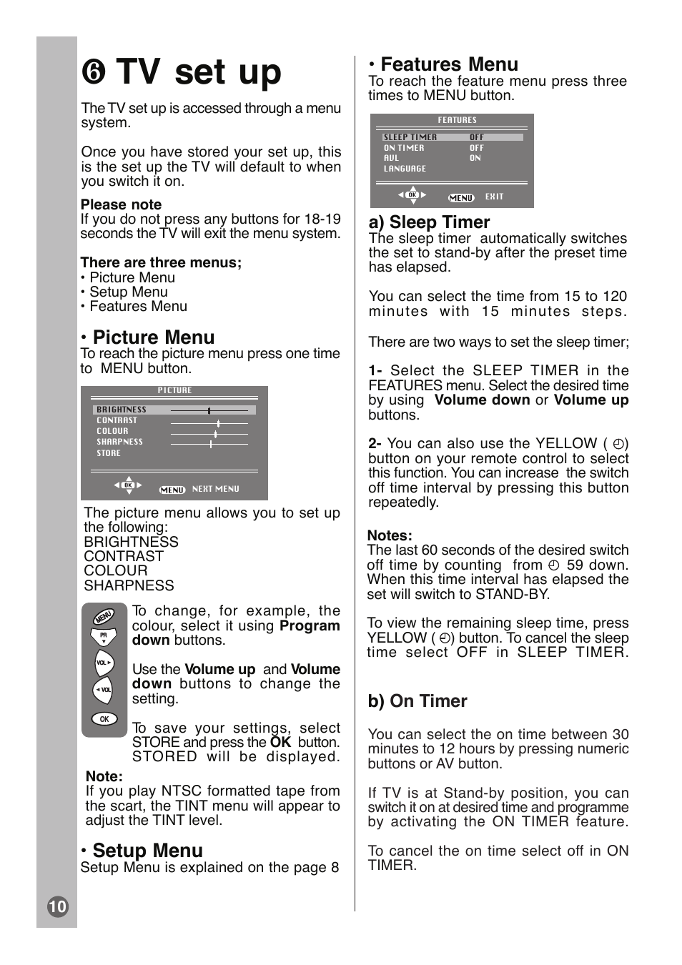 Tv set up, Setup menu, Picture menu | Features menu, A) sleep timer, B) on timer | Beko tr7854070200 User Manual | Page 11 / 17