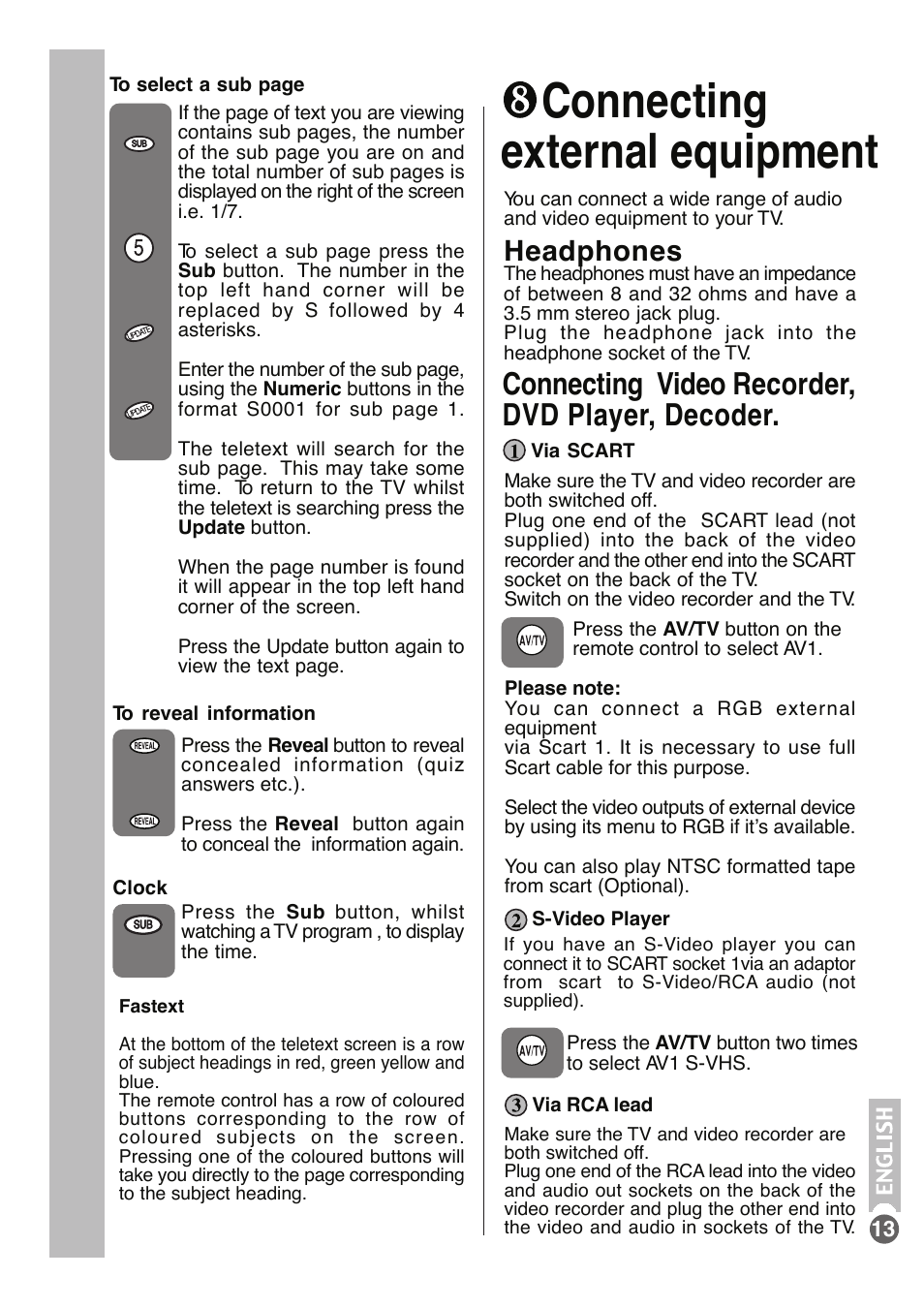 Connecting external equipment, Connecting video recorder, dvd player, decoder, Headphones | Beko tr7854070200 User Manual | Page 14 / 17