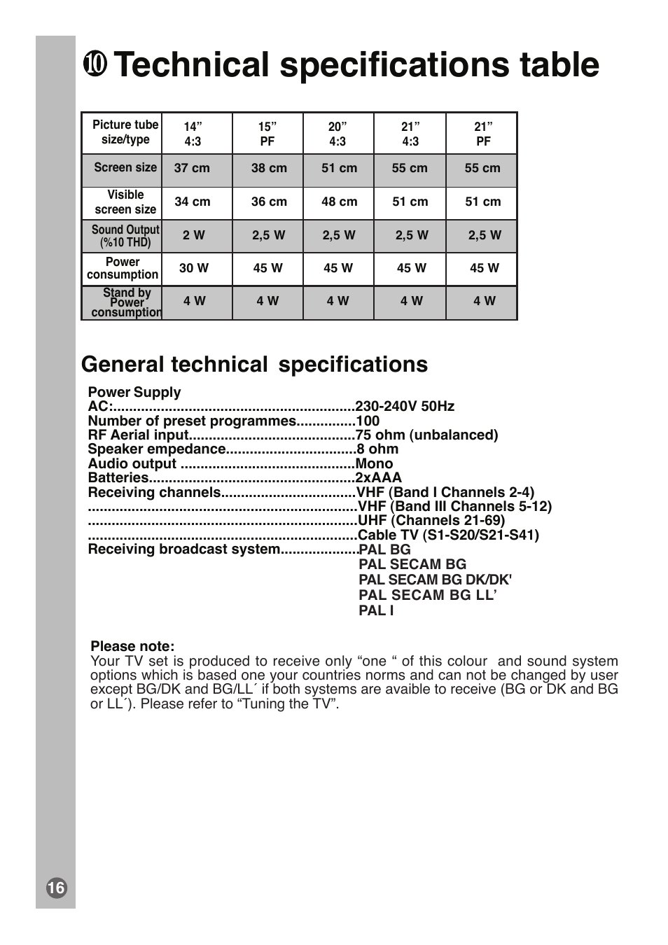 Technical specifications table, General technical specifications | Beko tr7854070200 User Manual | Page 17 / 17