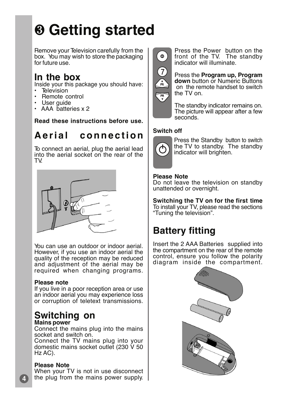 Getting started, Switching on, Battery fitting | Beko tr7854070200 User Manual | Page 5 / 17