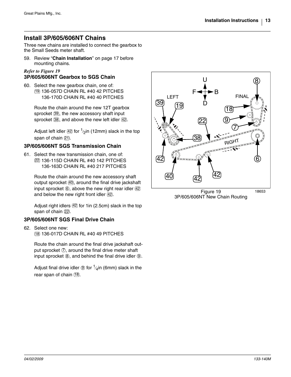 Install 3p/605/606nt chains, 3p/605/606nt gearbox to sgs chain, 3p/605/606nt sgs transmission chain | 3p/605/606nt sgs final drive chain, Ud f b | Great Plains 3P606NT Assembly Instructions User Manual | Page 13 / 22