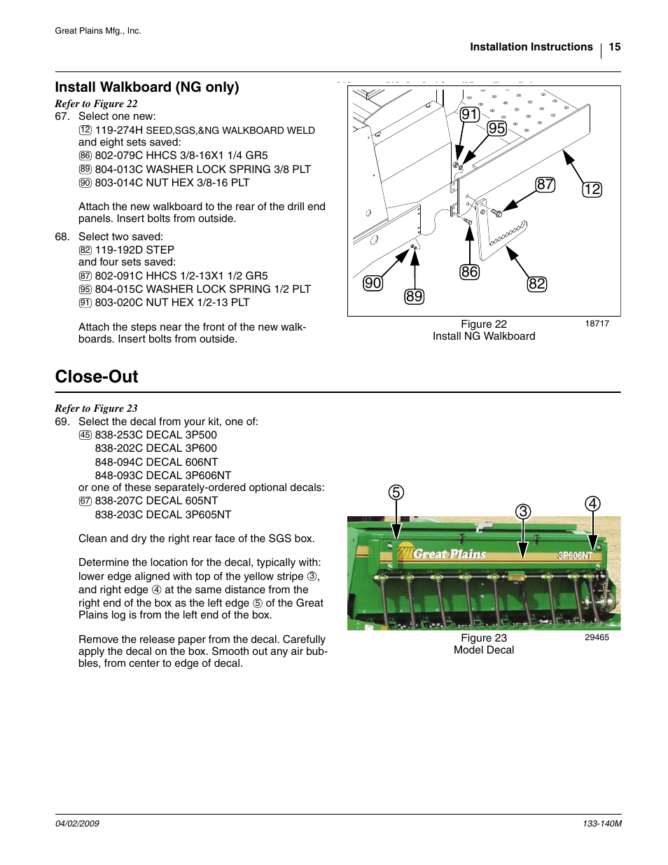 Install walkboard (ng only), Close-out | Great Plains 3P606NT Assembly Instructions User Manual | Page 15 / 22