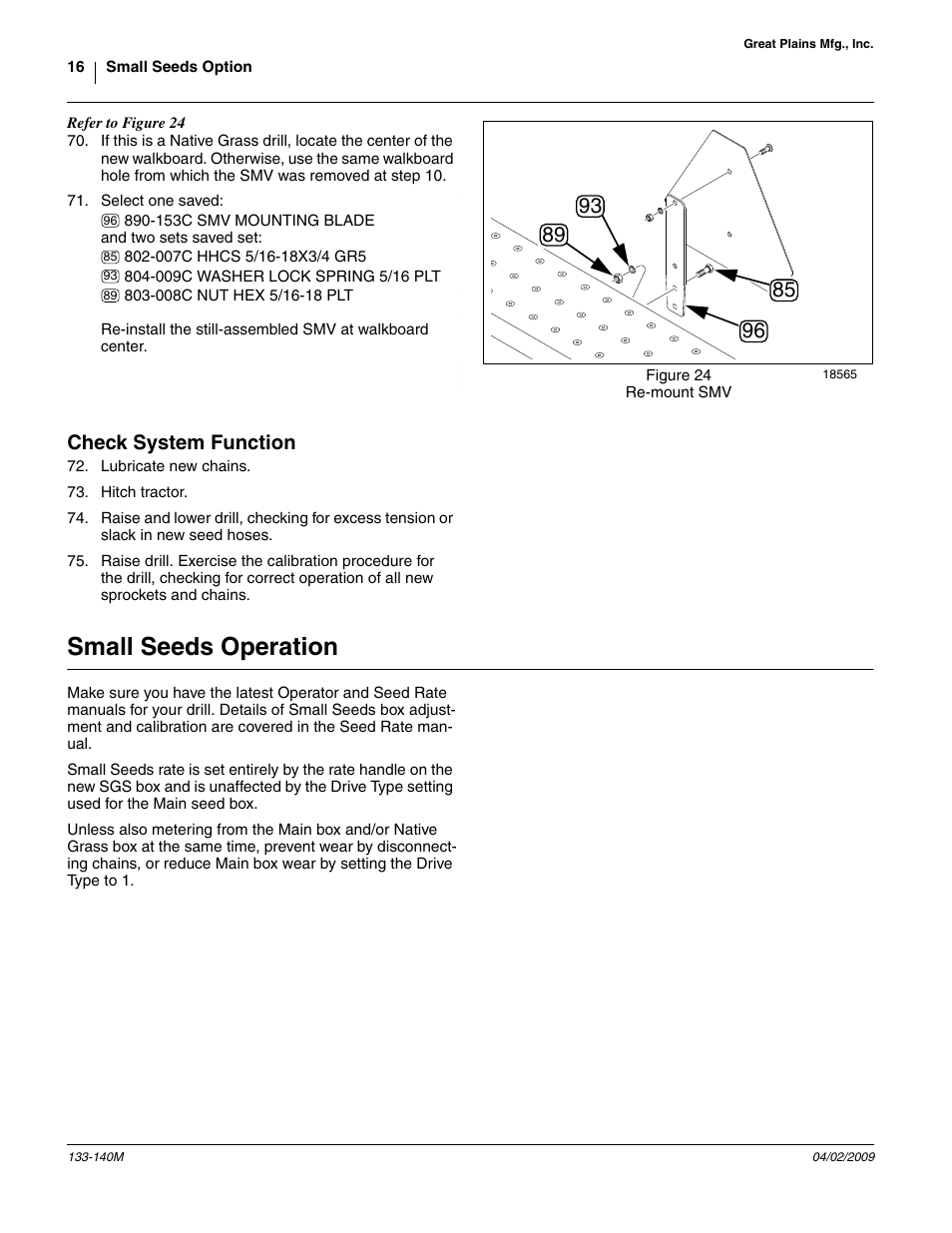 Check system function, Small seeds operation | Great Plains 3P606NT Assembly Instructions User Manual | Page 16 / 22