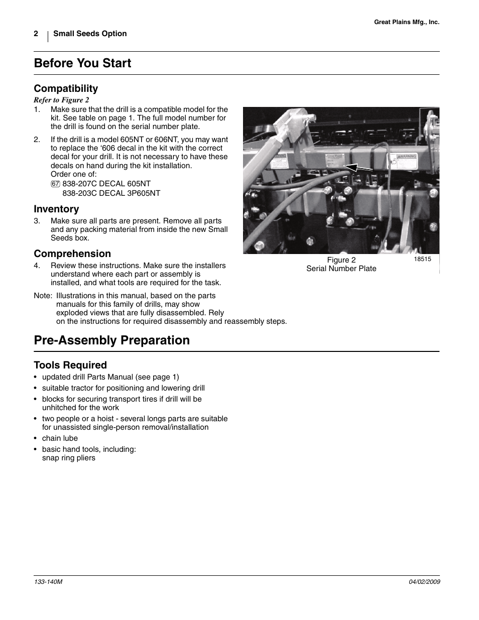 Before you start, Compatibility, Inventory | Comprehension, Pre-assembly preparation, Tools required | Great Plains 3P606NT Assembly Instructions User Manual | Page 2 / 22