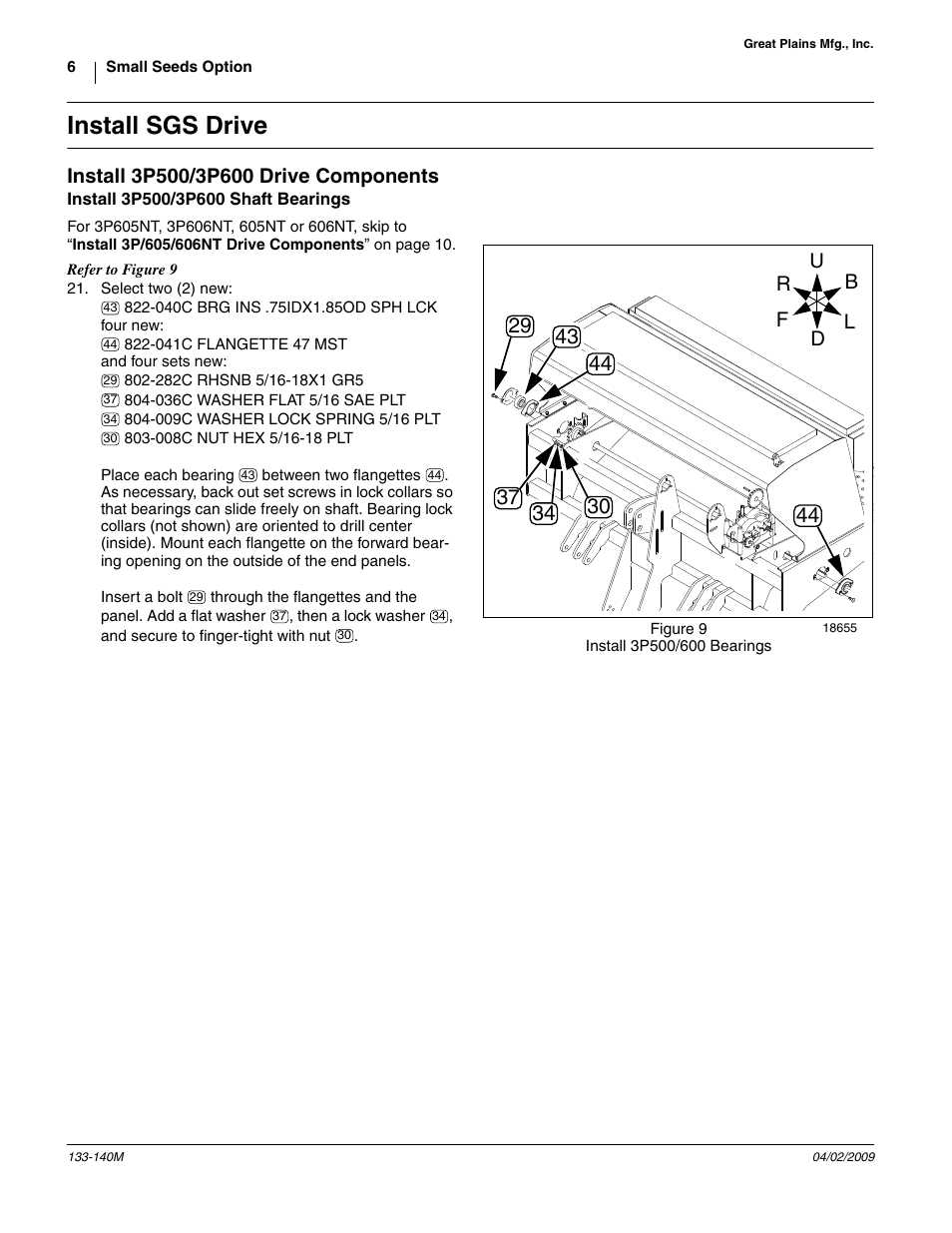 Install sgs drive, Install 3p500/3p600 drive components, Install 3p500/3p600 shaft bearings | Great Plains 3P606NT Assembly Instructions User Manual | Page 6 / 22