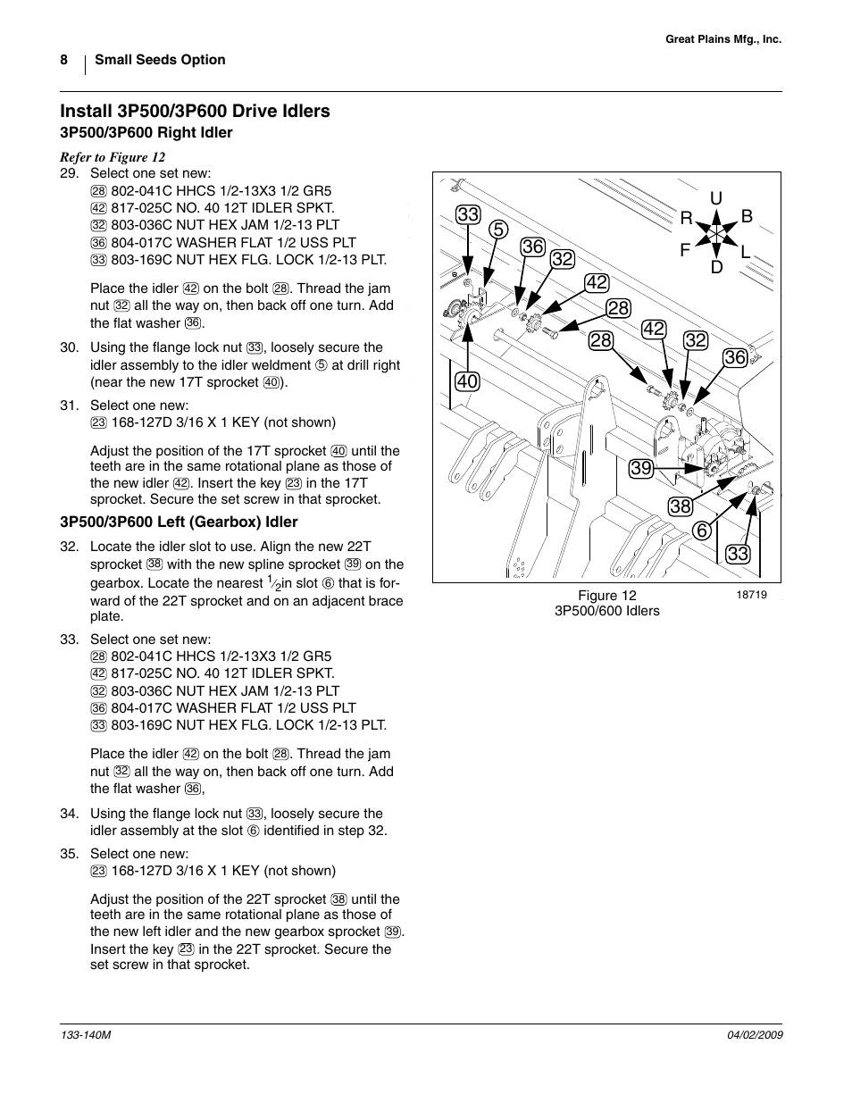 Install 3p500/3p600 drive idlers, 3p500/3p600 right idler, 3p500/3p600 left (gearbox) idler | 31 and step 35 | Great Plains 3P606NT Assembly Instructions User Manual | Page 8 / 22