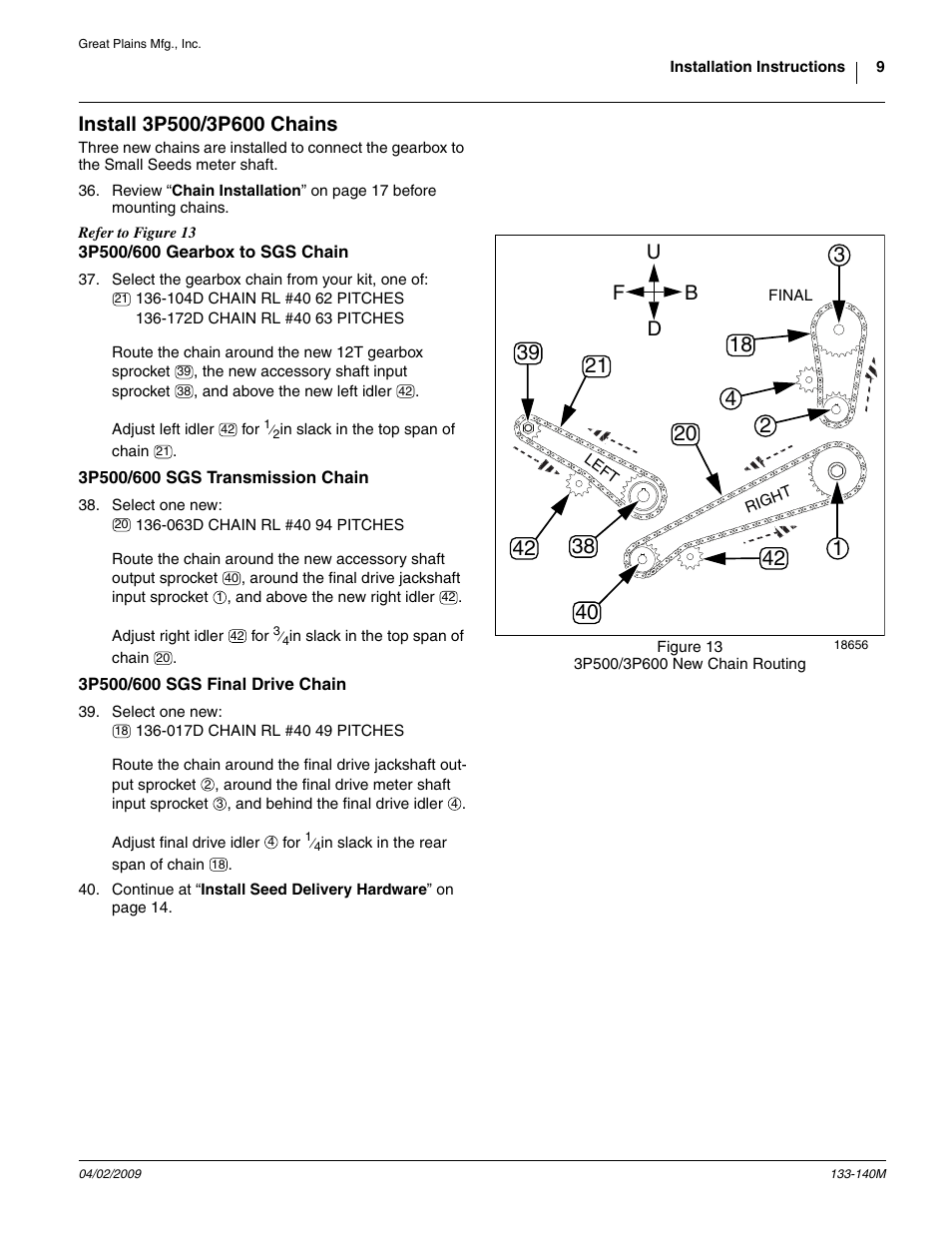 Install 3p500/3p600 chains, 3p500/600 gearbox to sgs chain, 3p500/600 sgs transmission chain | 3p500/600 sgs final drive chain, Ud f b | Great Plains 3P606NT Assembly Instructions User Manual | Page 9 / 22