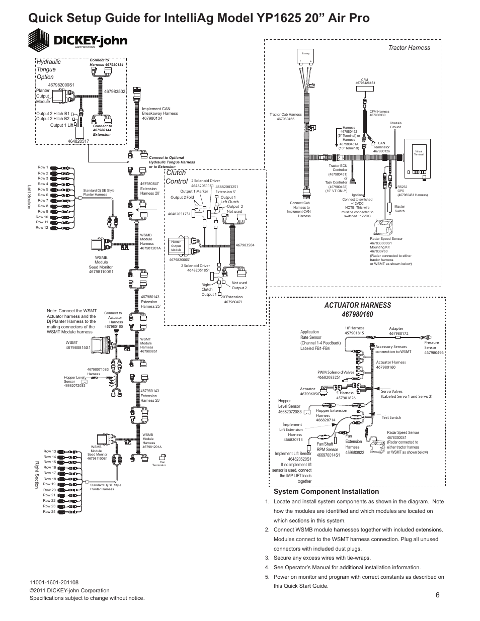 System component installation, Clutch control, Tractor harness | Hydraulic tongue option | Great Plains YP1625A-2420 24 Row 20-Inch Quick Start User Manual | Page 6 / 6