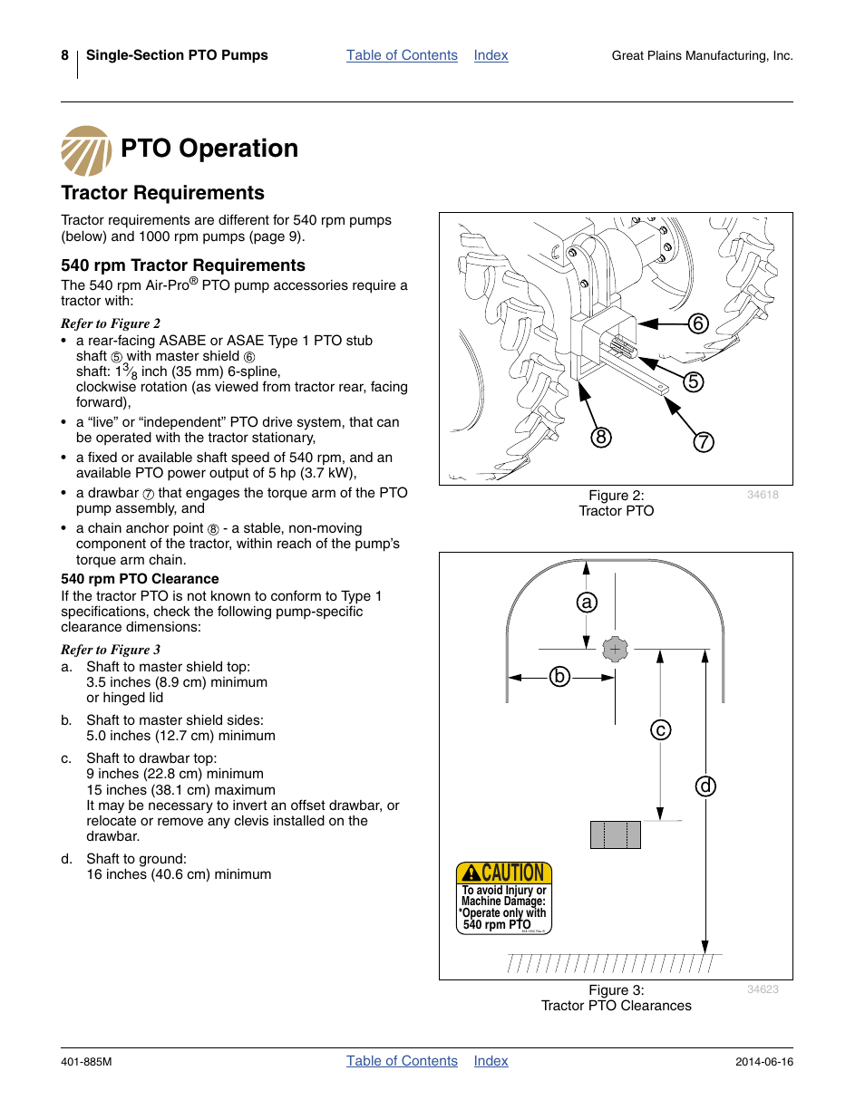 Pto operation, Tractor requirements, 540 rpm tractor requirements | 540 rpm pto clearance, Pto operation tractor requirements, Caution, Ab c d | Great Plains PTO Kits Single-Section User Manual | Page 12 / 82