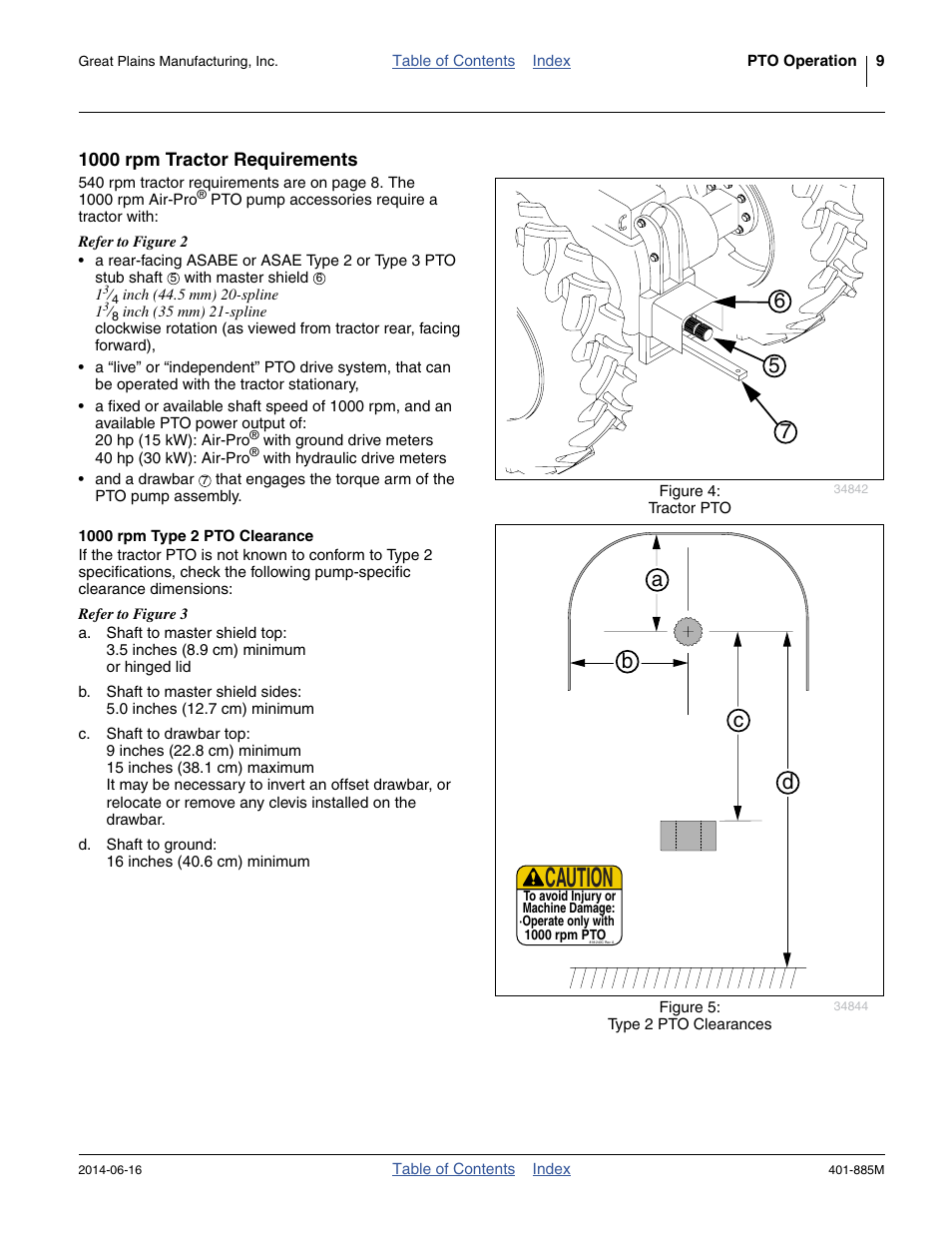 1000 rpm tractor requirements, 1000 rpm type 2 pto clearance, Caution | Ab c d | Great Plains PTO Kits Single-Section User Manual | Page 13 / 82
