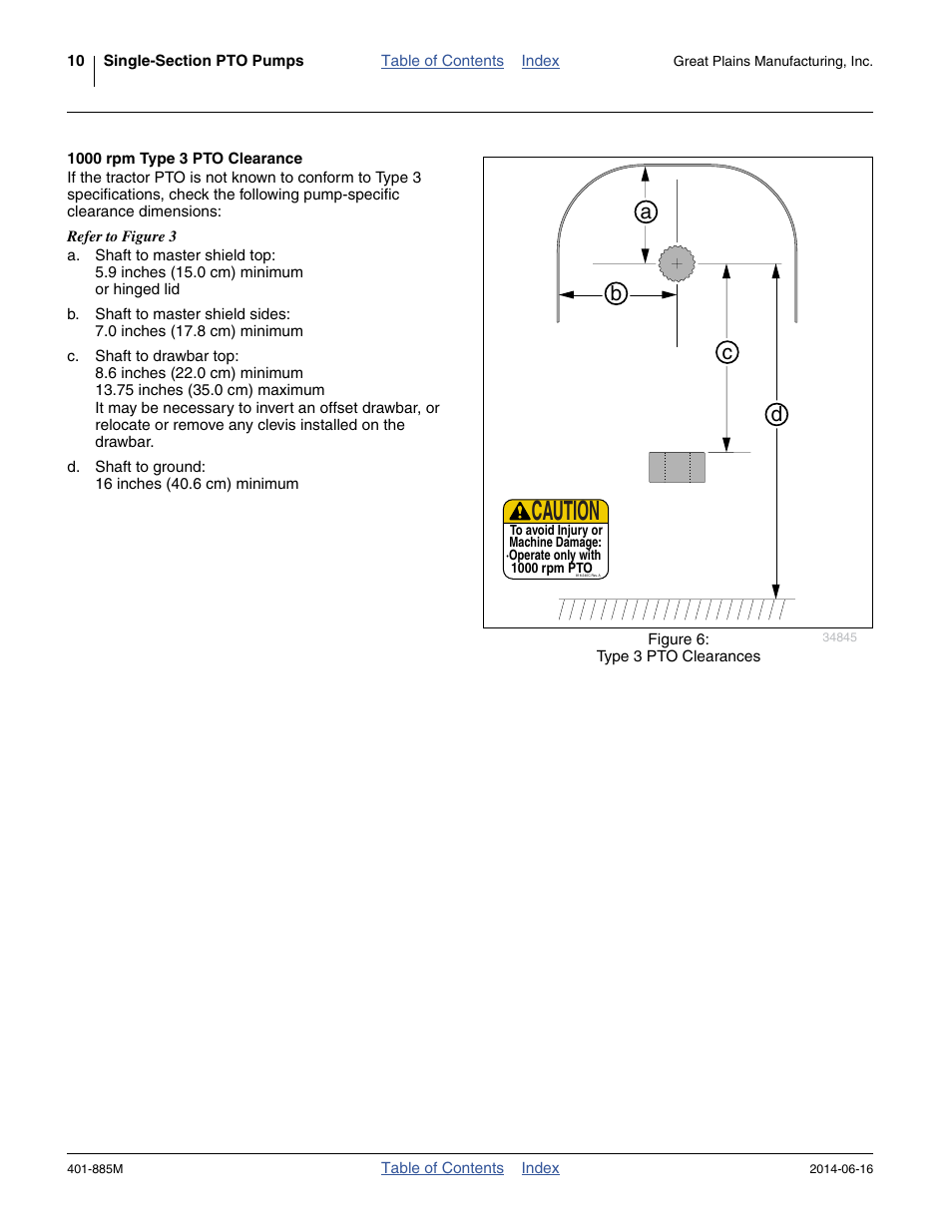 1000 rpm type 3 pto clearance, Caution, Ab c d | Great Plains PTO Kits Single-Section User Manual | Page 14 / 82
