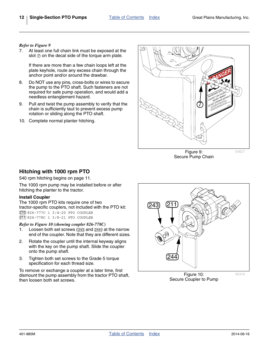 Hitching with 1000 rpm pto, Install coupler, Danger | Great Plains PTO Kits Single-Section User Manual | Page 16 / 82