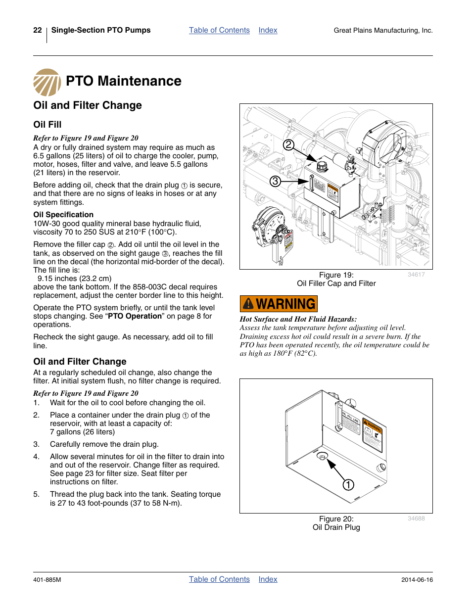 Pto maintenance, Oil and filter change, Oil fill | Oil specification, Pto maintenance oil and filter change | Great Plains PTO Kits Single-Section User Manual | Page 26 / 82