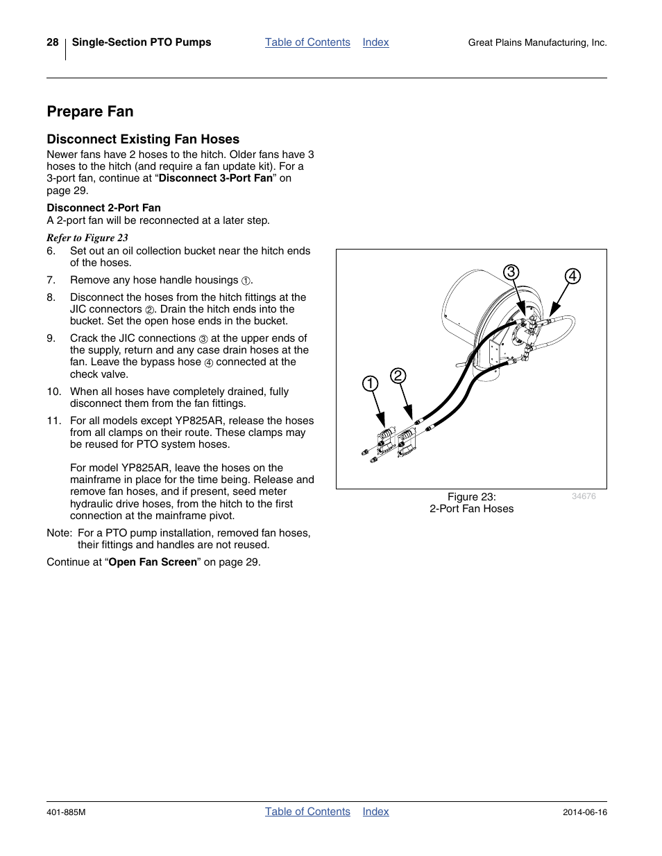 Prepare fan, Disconnect existing fan hoses, Disconnect 2-port fan | Great Plains PTO Kits Single-Section User Manual | Page 32 / 82