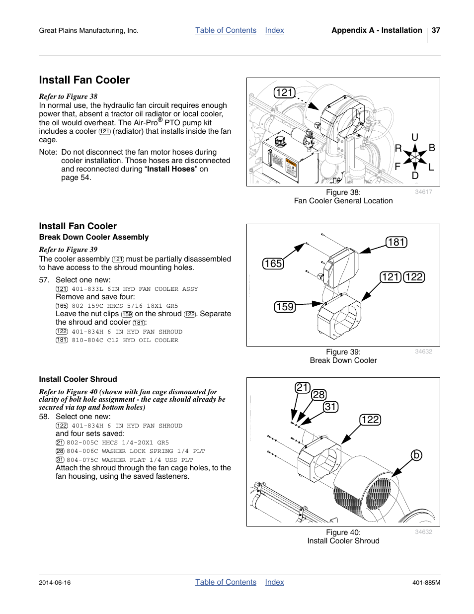 Install fan cooler, Break down cooler assembly, Install cooler shroud | Break down cooler assembly install cooler shroud | Great Plains PTO Kits Single-Section User Manual | Page 41 / 82