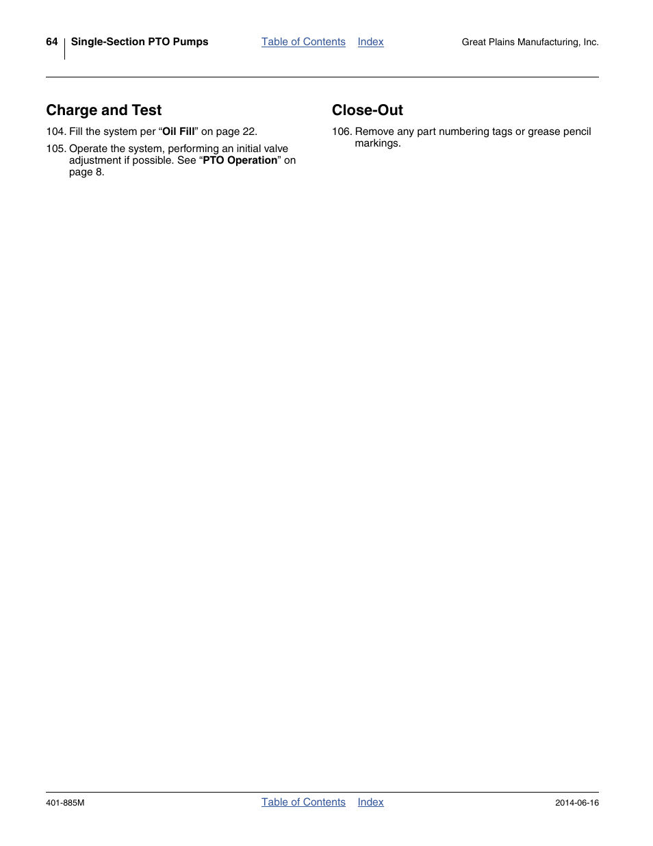 Charge and test, Close-out, Charge and test close-out | Great Plains PTO Kits Single-Section User Manual | Page 68 / 82