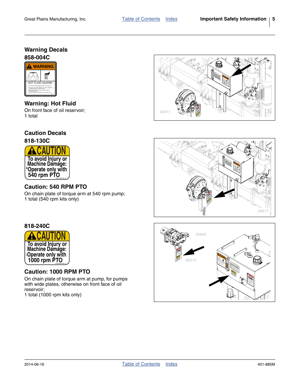 Warning decals, 004c, Warning: hot fluid | Caution decals, 130c, Caution: 540 rpm pto, 240c, Caution: 1000 rpm pto, Caution | Great Plains PTO Kits Single-Section User Manual | Page 9 / 82