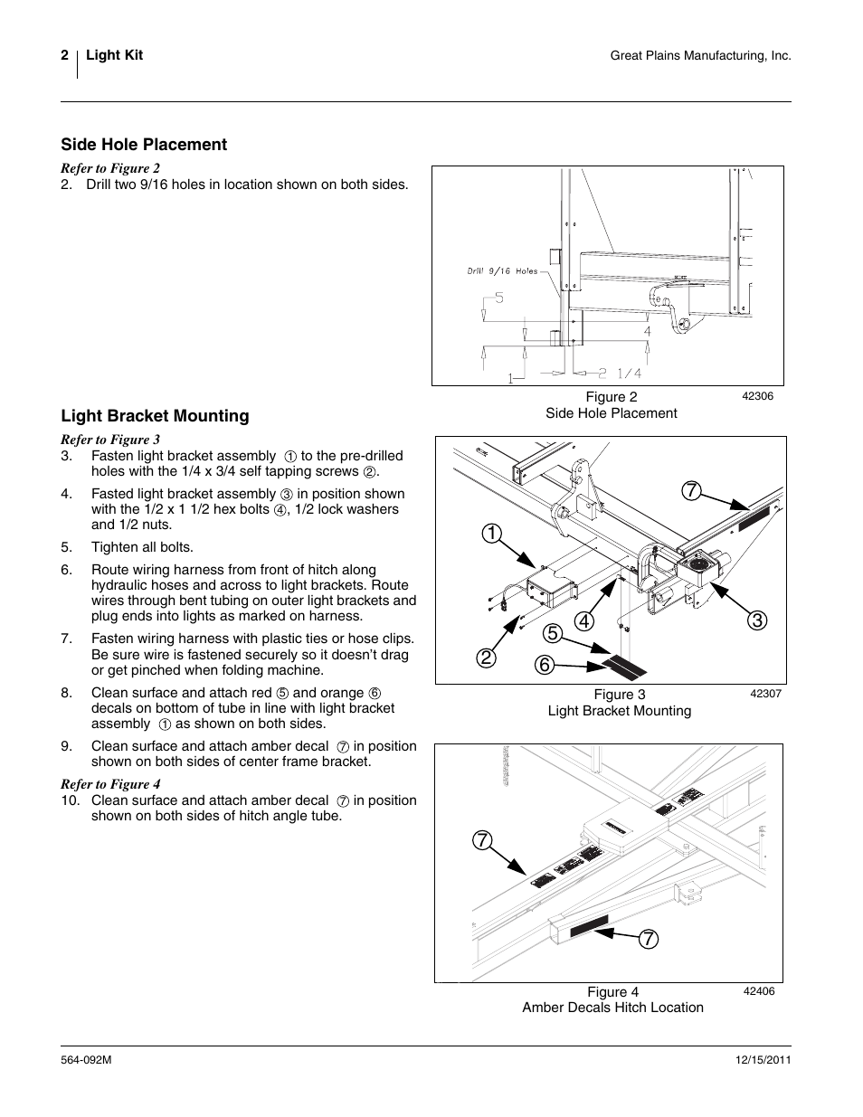 Side hole placement, Light bracket mounting | Great Plains Flex Harrow Light Kit User Manual | Page 2 / 2