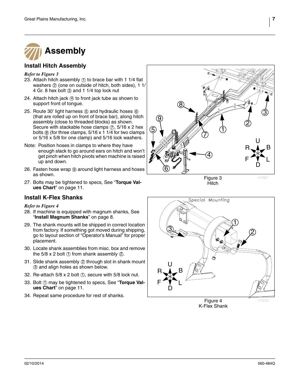 Assembly, Install hitch assembly, Install k-flex shanks | Install hitch assembly install k-flex shanks | Great Plains 8560 FCF Predelivery Manual User Manual | Page 11 / 124