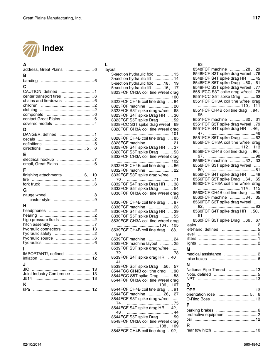 Index | Great Plains 8560 FCF Predelivery Manual User Manual | Page 121 / 124