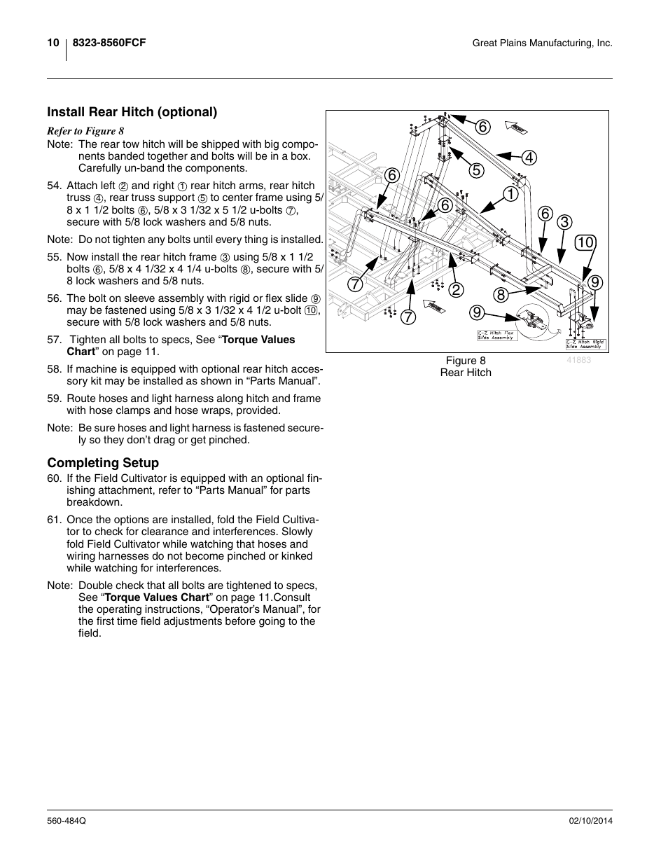 Install rear hitch (optional), Completing setup, Install rear hitch (optional) completing setup | Great Plains 8560 FCF Predelivery Manual User Manual | Page 14 / 124