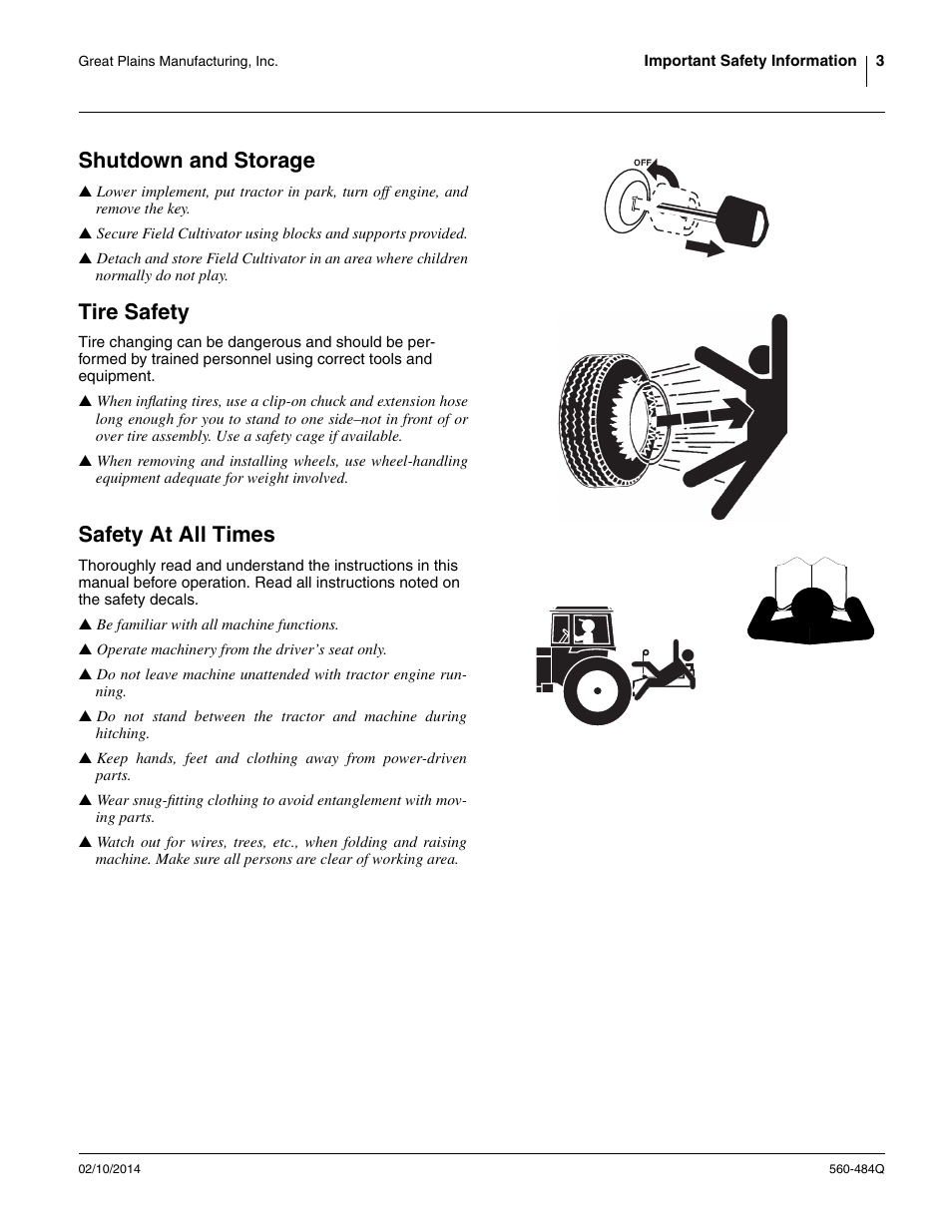 Shutdown and storage, Tire safety, Safety at all times | Great Plains 8560 FCF Predelivery Manual User Manual | Page 7 / 124