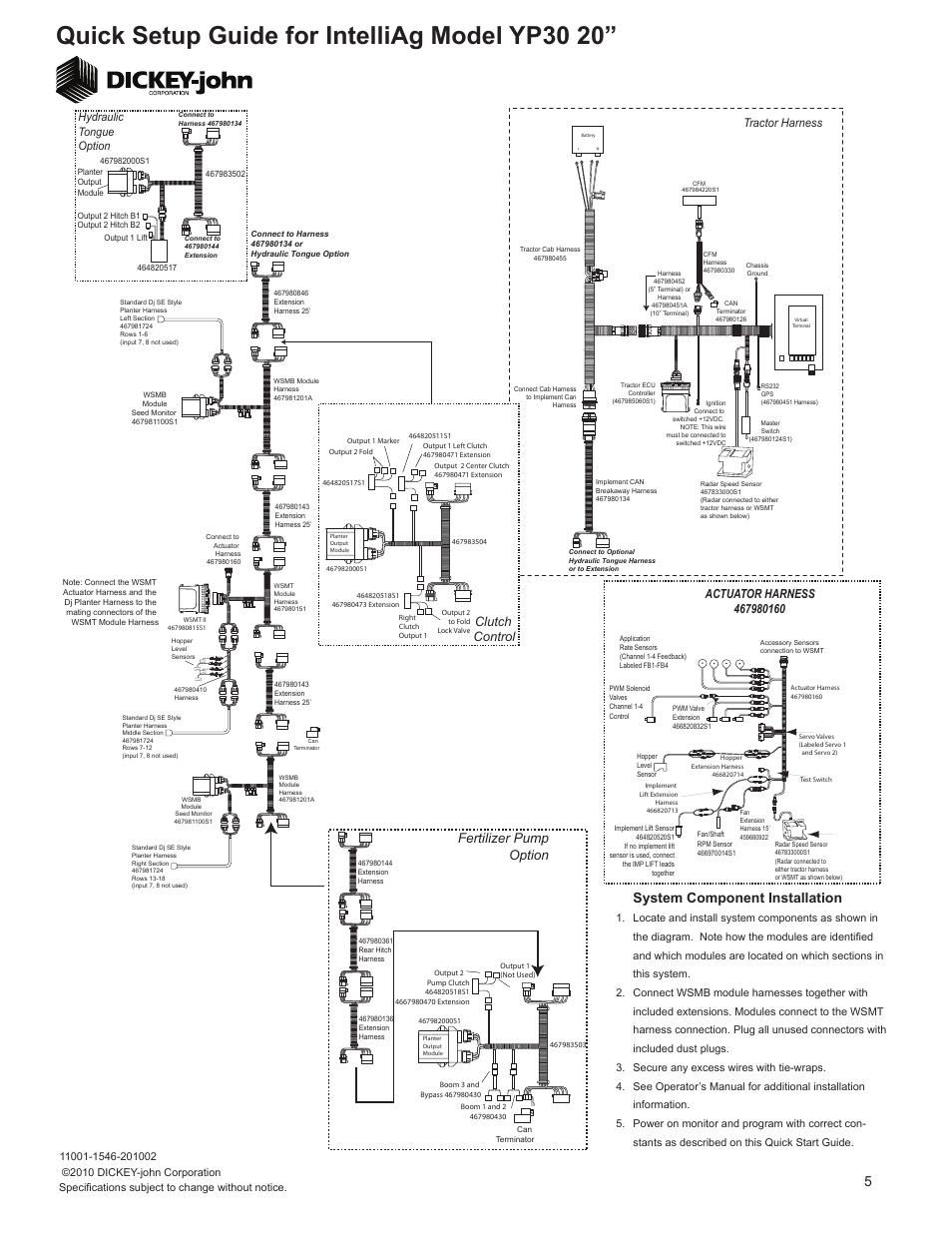 Quick setup guide for intelliag model yp30 20, System component installation, Fertilizer pump option | Clutch control, Tractor harness, Hydraulic tongue option | Great Plains YP3025-1820 25 Series 18 Row 20 Inch Quick Start User Manual | Page 5 / 5
