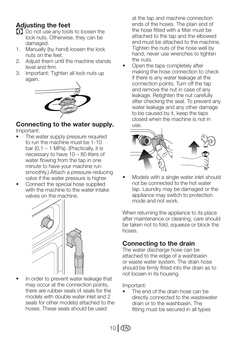 Adjusting the feet, Connecting to the water supply, Connecting to the drain | Beko WMI 71641 User Manual | Page 10 / 48