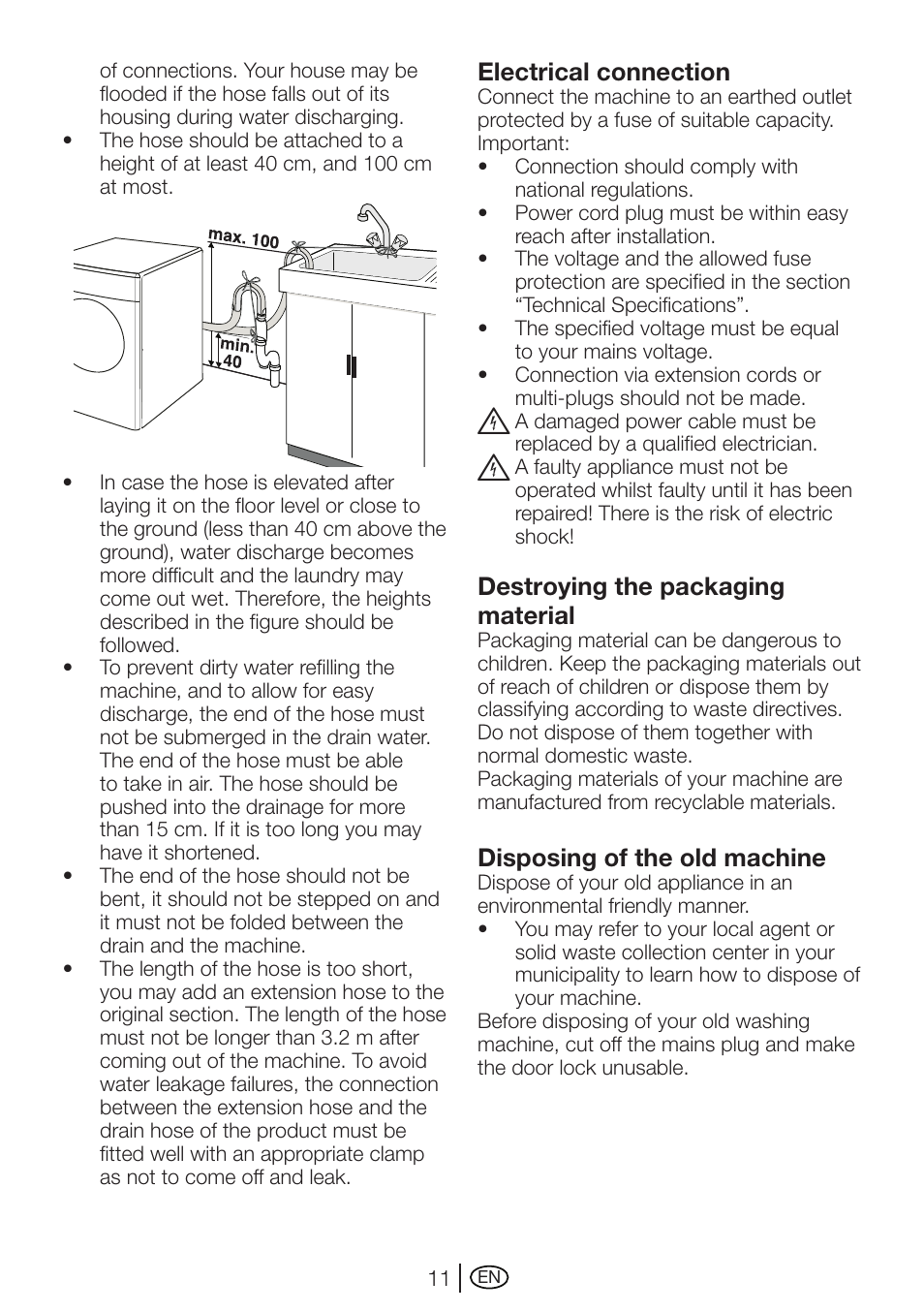 Electrical connection, Destroying the packaging material, Disposing of the old machine | Beko WMI 71641 User Manual | Page 11 / 48