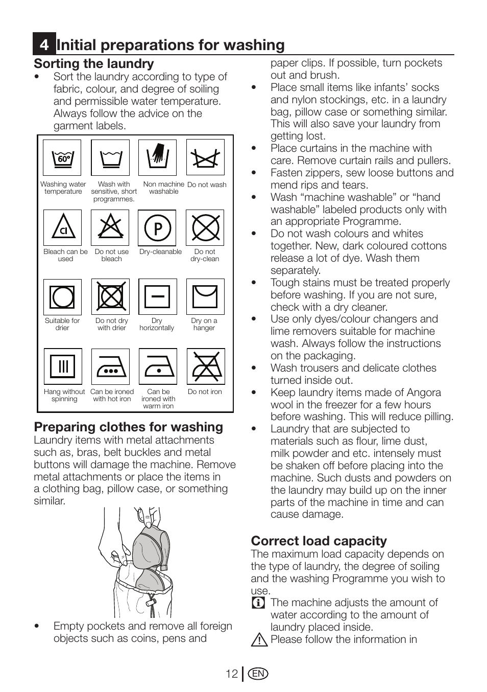 4initial preparations for washing, Sorting the laundry, Preparing clothes for washing | Correct load capacity | Beko WMI 71641 User Manual | Page 12 / 48