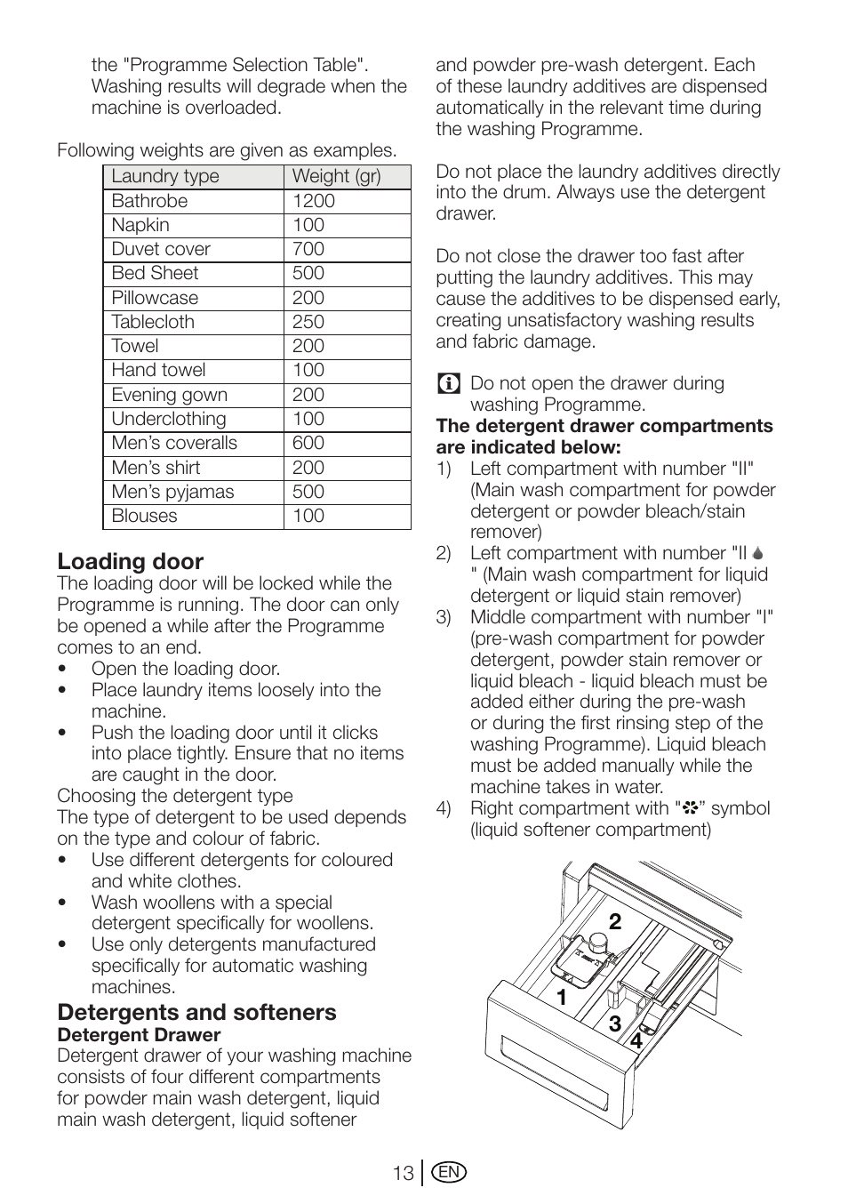 Loading door, Detergents and softeners | Beko WMI 71641 User Manual | Page 13 / 48