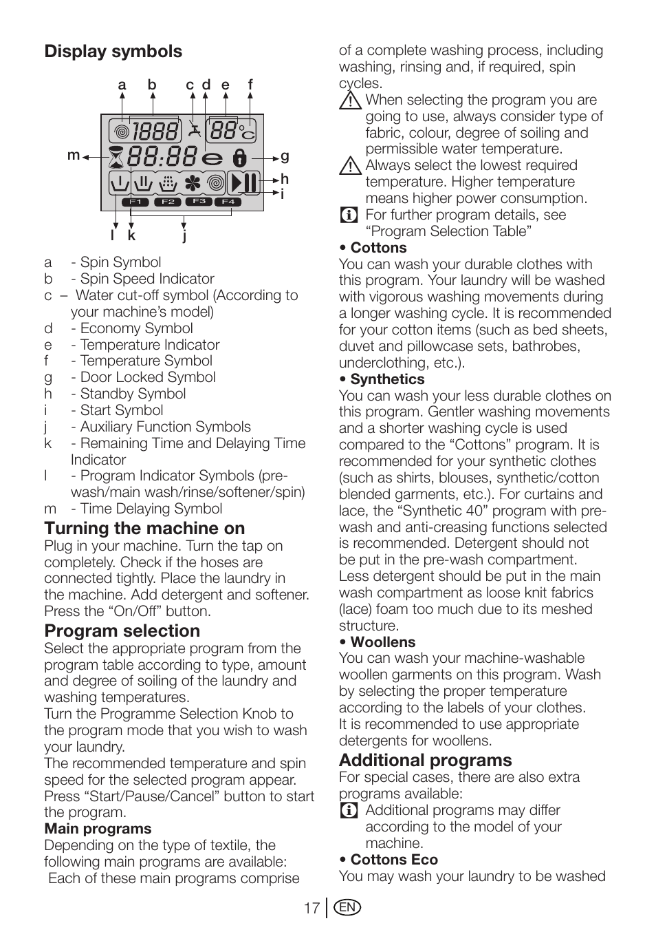 Display symbols, Turning the machine on, Program selection | Additional programs | Beko WMI 71641 User Manual | Page 17 / 48