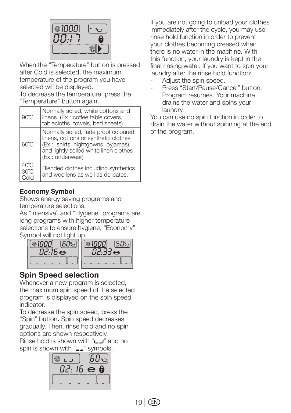 Spin speed selection | Beko WMI 71641 User Manual | Page 19 / 48