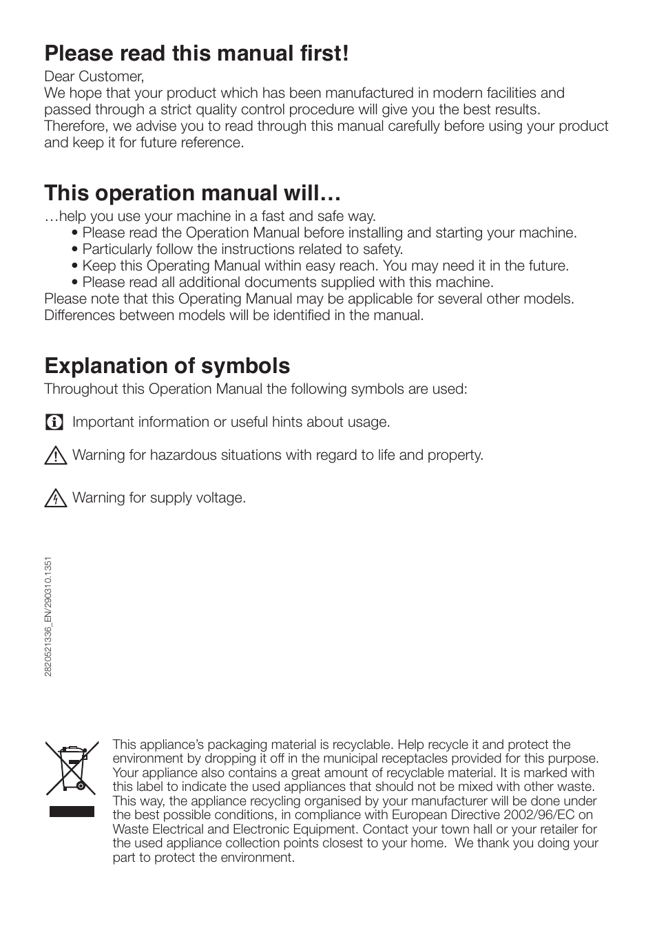 Please read this manual first, This operation manual will, Explanation of symbols | Beko WMI 71641 User Manual | Page 2 / 48