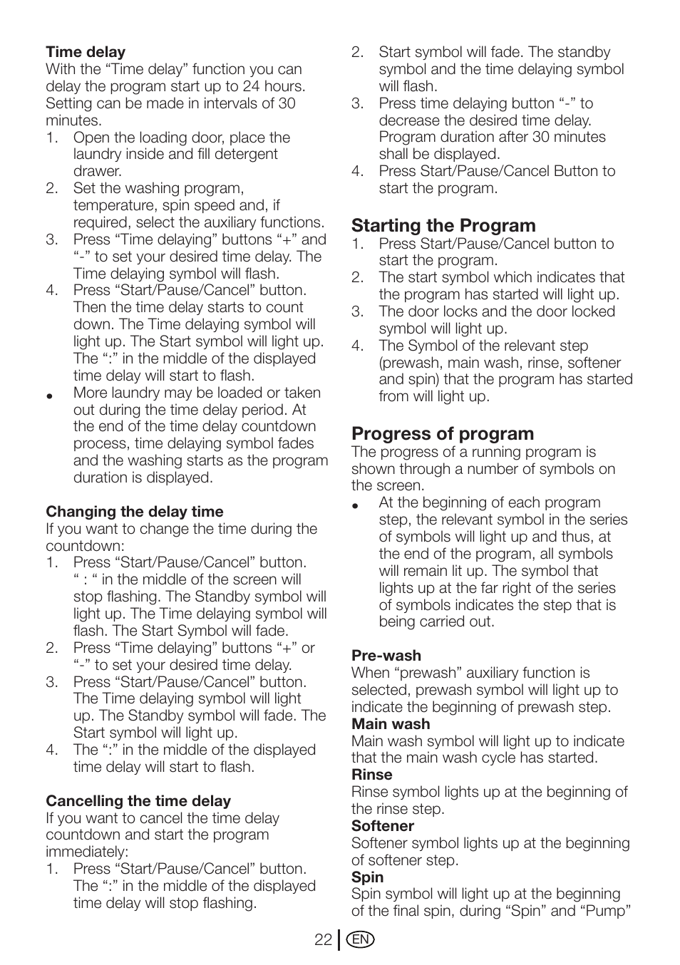 Starting the program, Progress of program | Beko WMI 71641 User Manual | Page 22 / 48