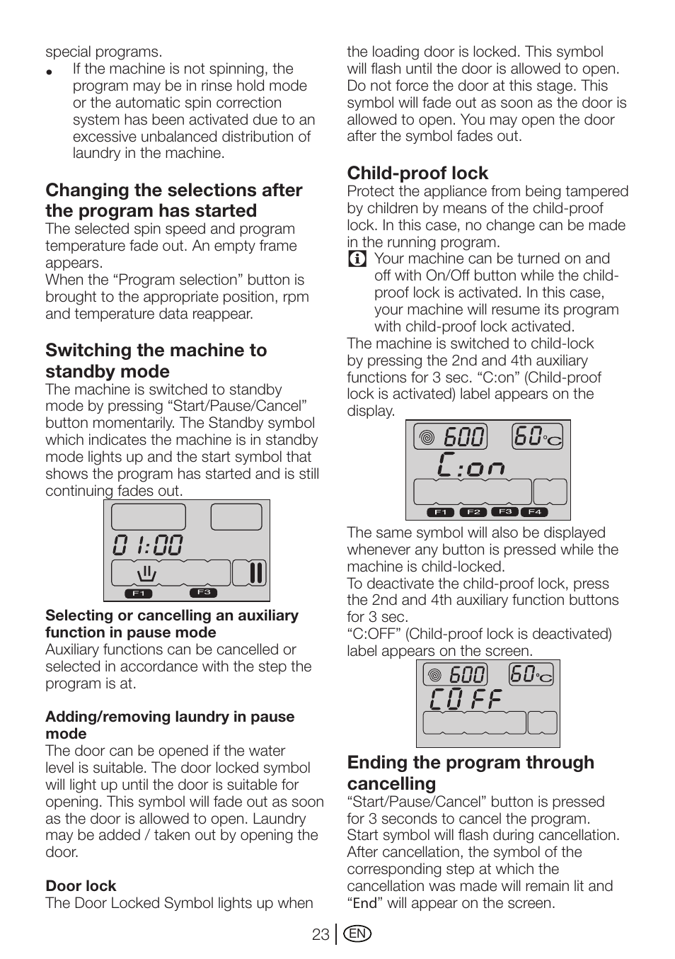 Switching the machine to standby mode, Child-proof lock, Ending the program through cancelling | Beko WMI 71641 User Manual | Page 23 / 48