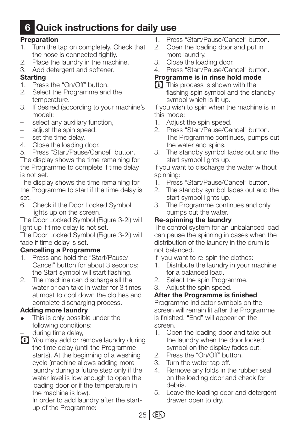 6quick instructions for daily use | Beko WMI 71641 User Manual | Page 25 / 48