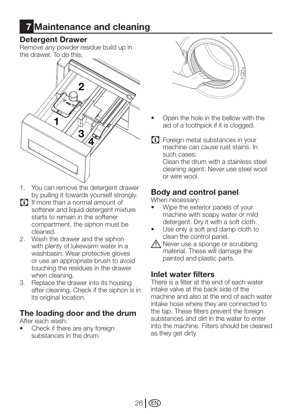 7maintenance and cleaning | Beko WMI 71641 User Manual | Page 26 / 48