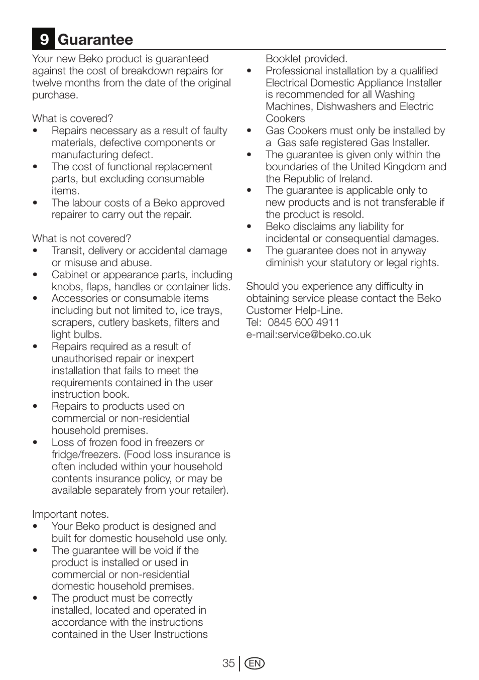 9guarantee | Beko WMI 71641 User Manual | Page 35 / 48