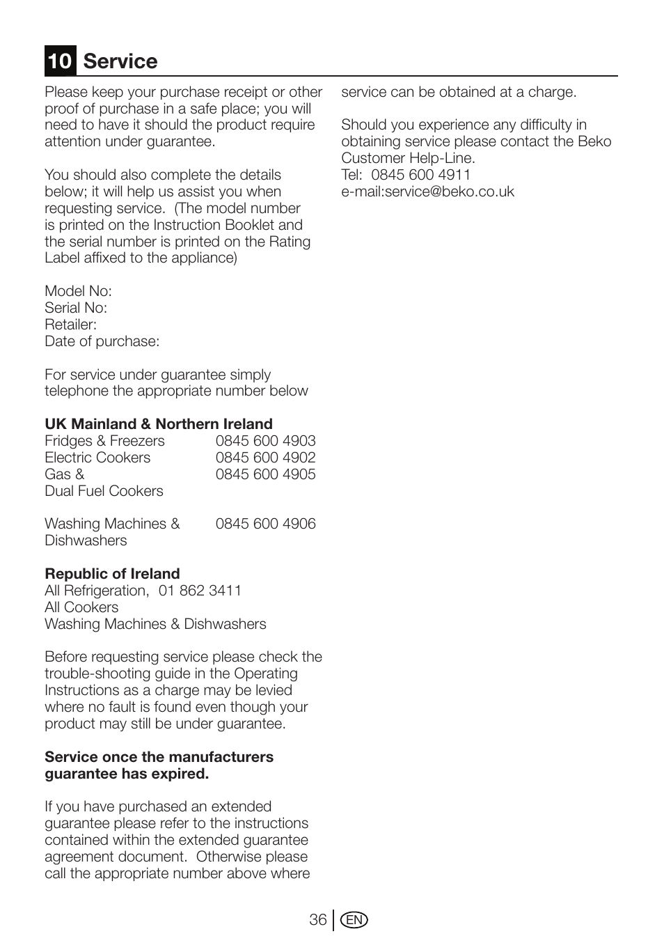 10 service | Beko WMI 71641 User Manual | Page 36 / 48