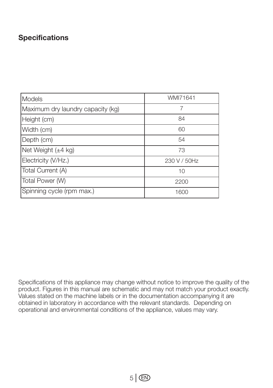 Specifications | Beko WMI 71641 User Manual | Page 5 / 48