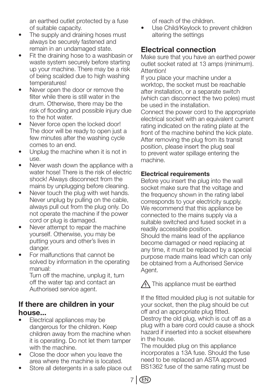 If there are children in your house, Electrical connection | Beko WMI 71641 User Manual | Page 7 / 48