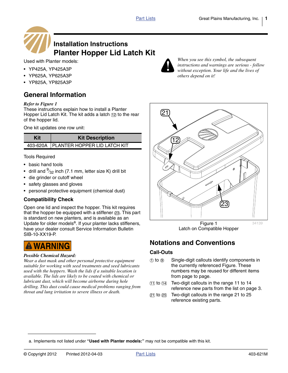 Great Plains Planter Hopper Lid Latch Kit User Manual | 4 pages