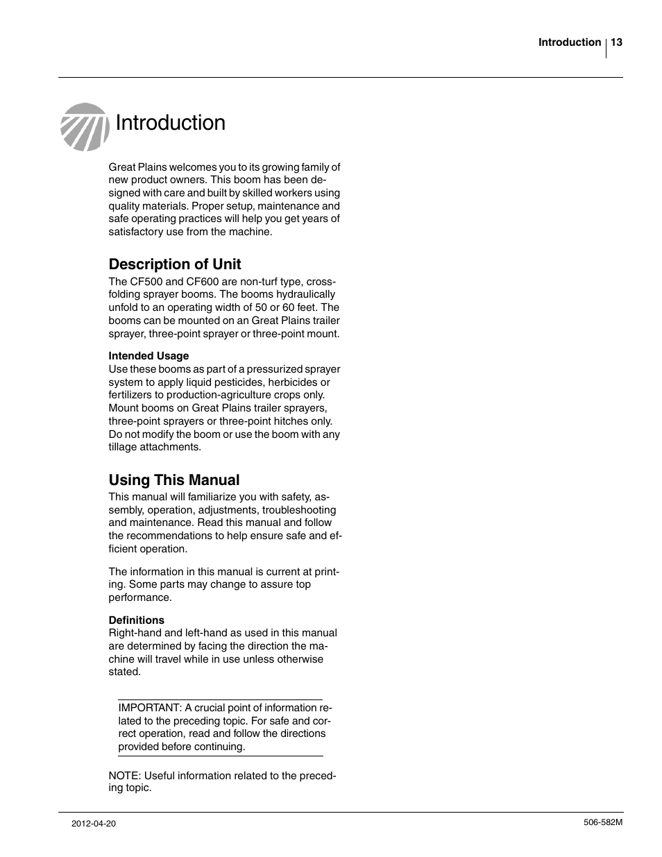 Introduction, Description of unit, Using this manual | Great Plains CF600 Operator Manual User Manual | Page 15 / 38