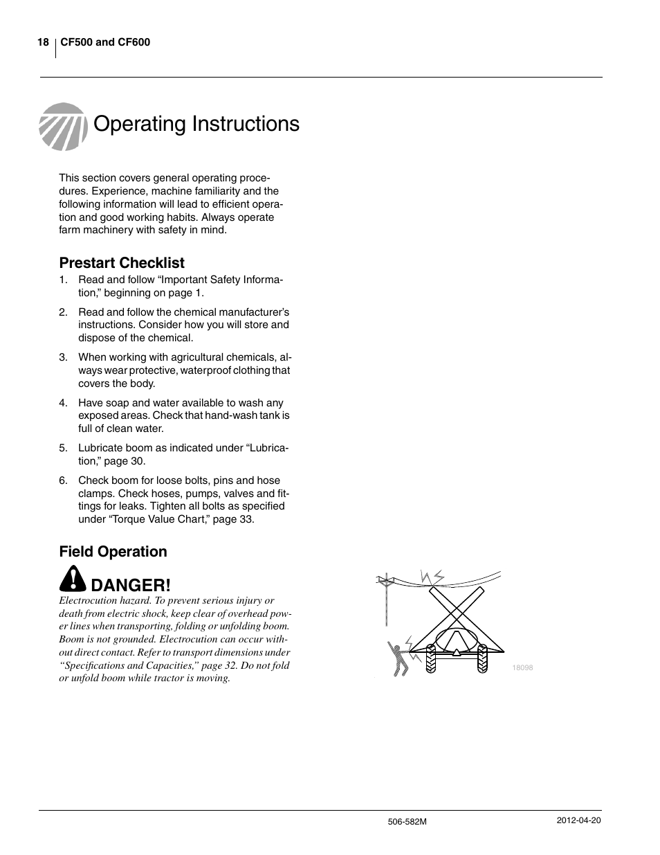 Operating instructions, Danger, Prestart checklist | Field operation | Great Plains CF600 Operator Manual User Manual | Page 20 / 38
