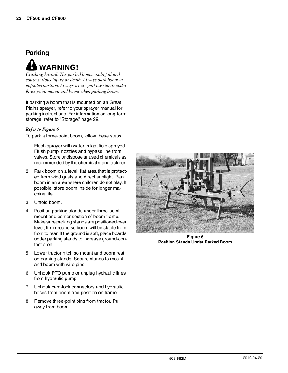 Warning, Parking | Great Plains CF600 Operator Manual User Manual | Page 24 / 38