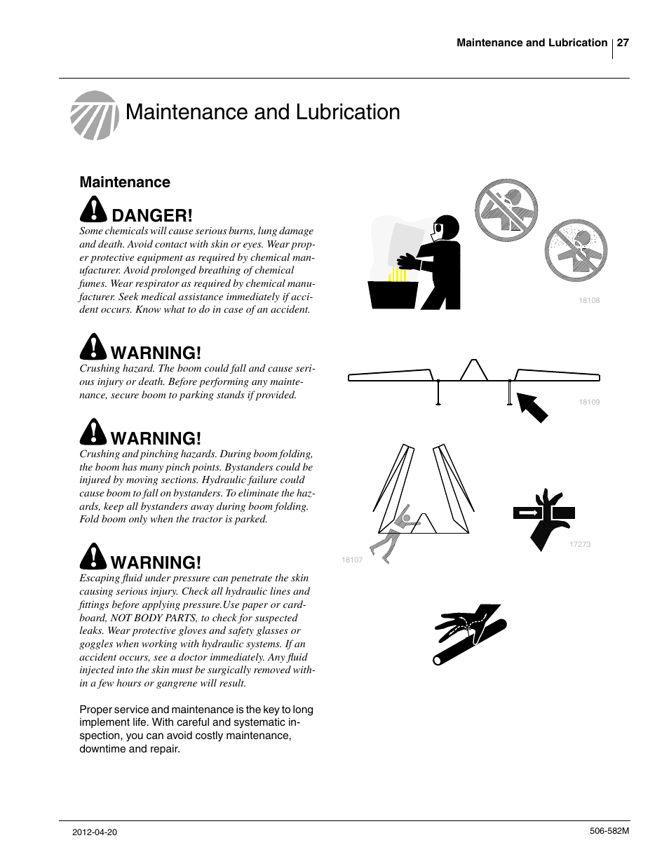 Maintenance and lubrication, Danger, Warning | Great Plains CF600 Operator Manual User Manual | Page 29 / 38