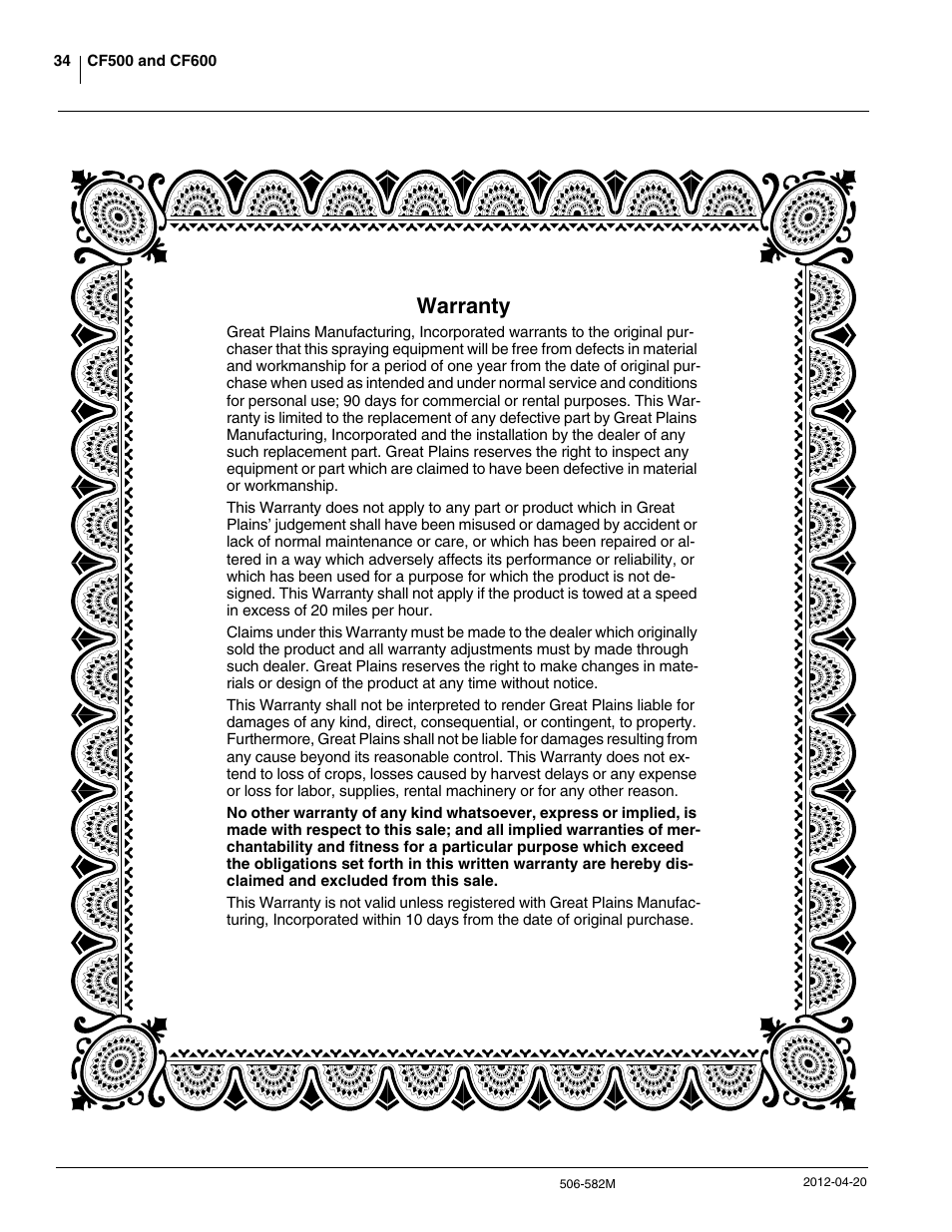 Warranty | Great Plains CF600 Operator Manual User Manual | Page 36 / 38